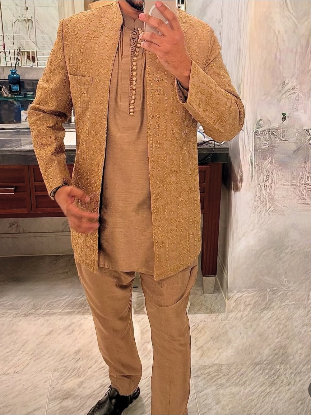 Mens 3 pc rustic gold - open snerwani, tunic and pants. Custom made in Atelier.